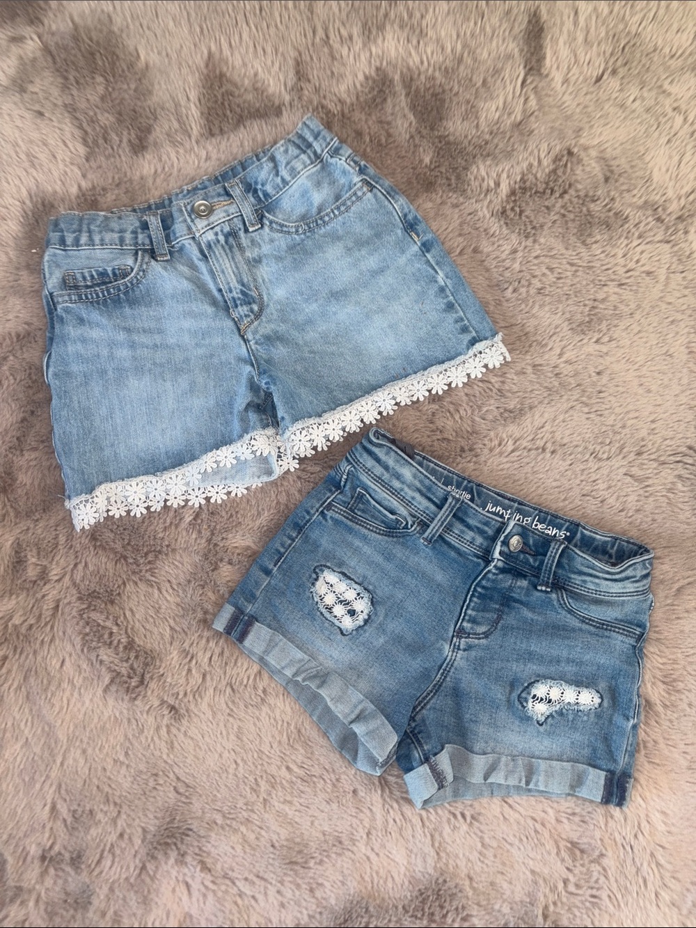 Light Wash Denim Shorts Duo with Lace Trim & Distressed Detail